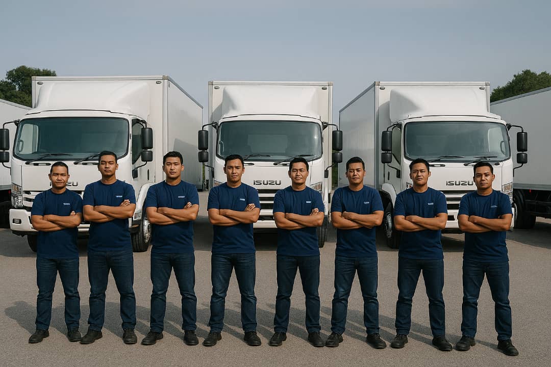 Blue Box drivers in front of the reefer fleet