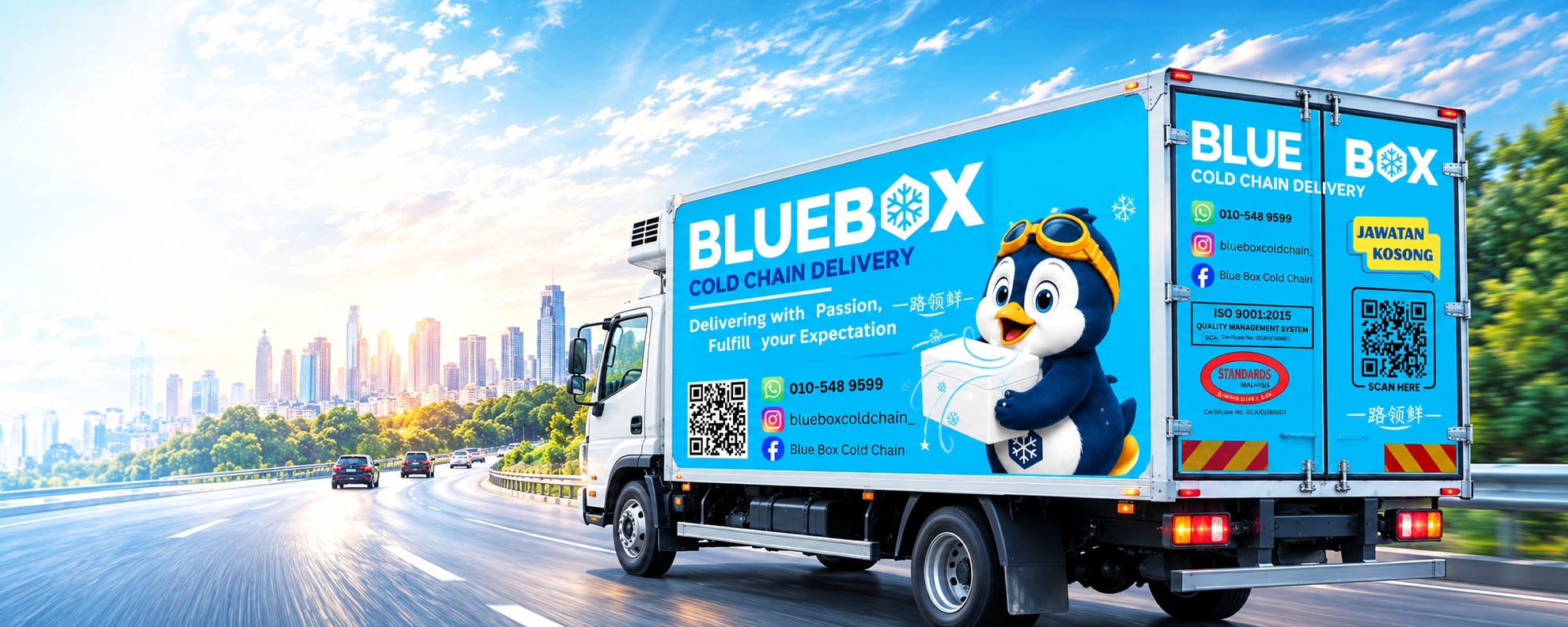 Blue Box refrigerated lorry on a cold chain delivery run in Malaysia